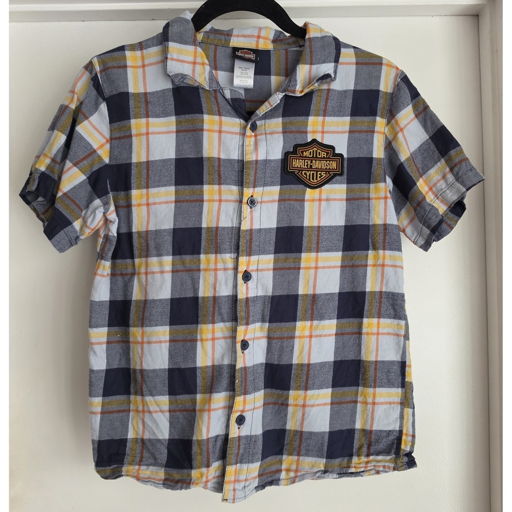 Harley-Davidson Boys Short Sleeve Button-Down Shirt Size 12/14 Plaid‎ Cotton